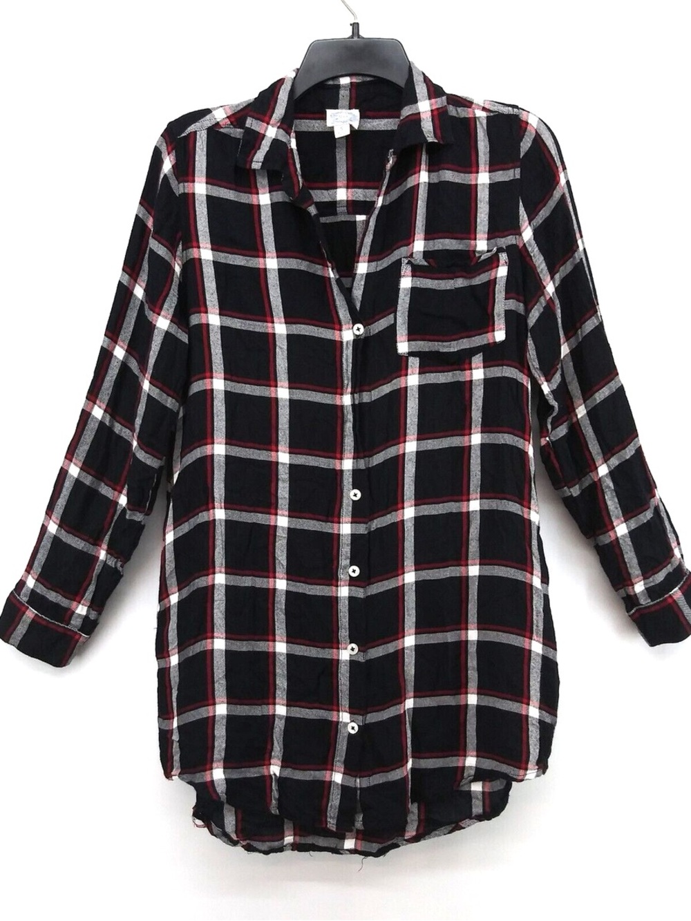 Women's Black Plaid Button-Down Shirt with Chest Pocket